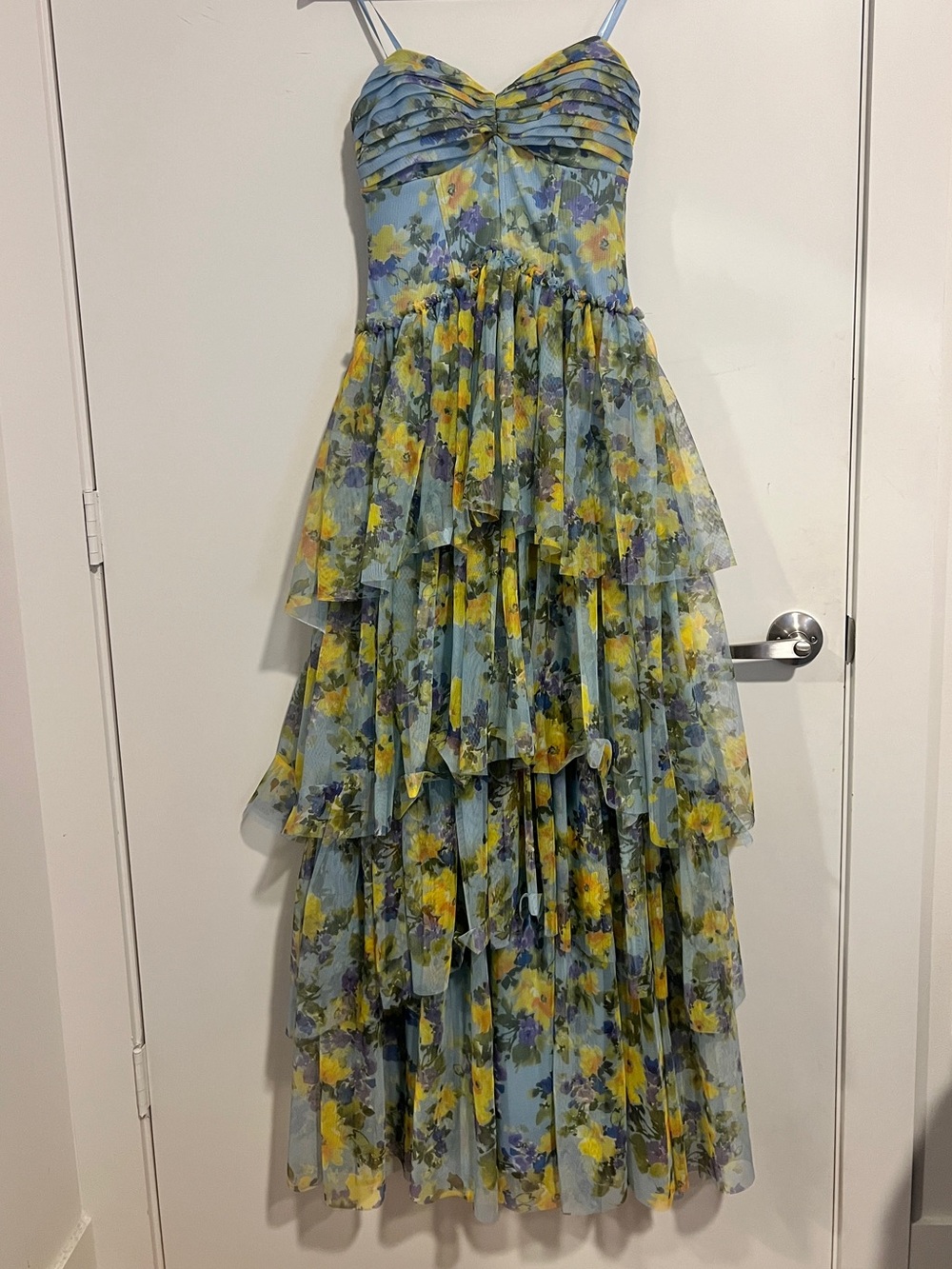 City Studios Strapless Blue Floral Corset Ruffle Gown with Yellow Accents